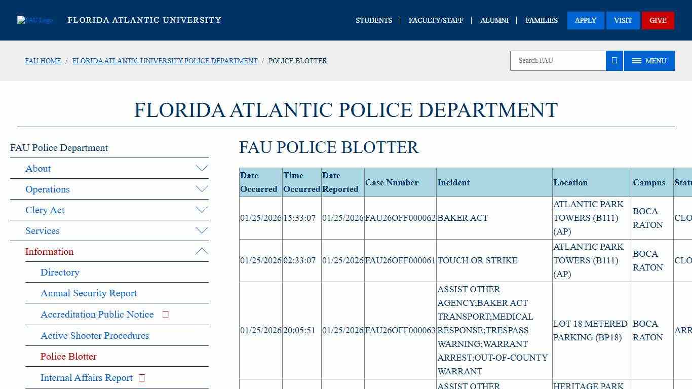 Police Blotter Florida Atlantic University